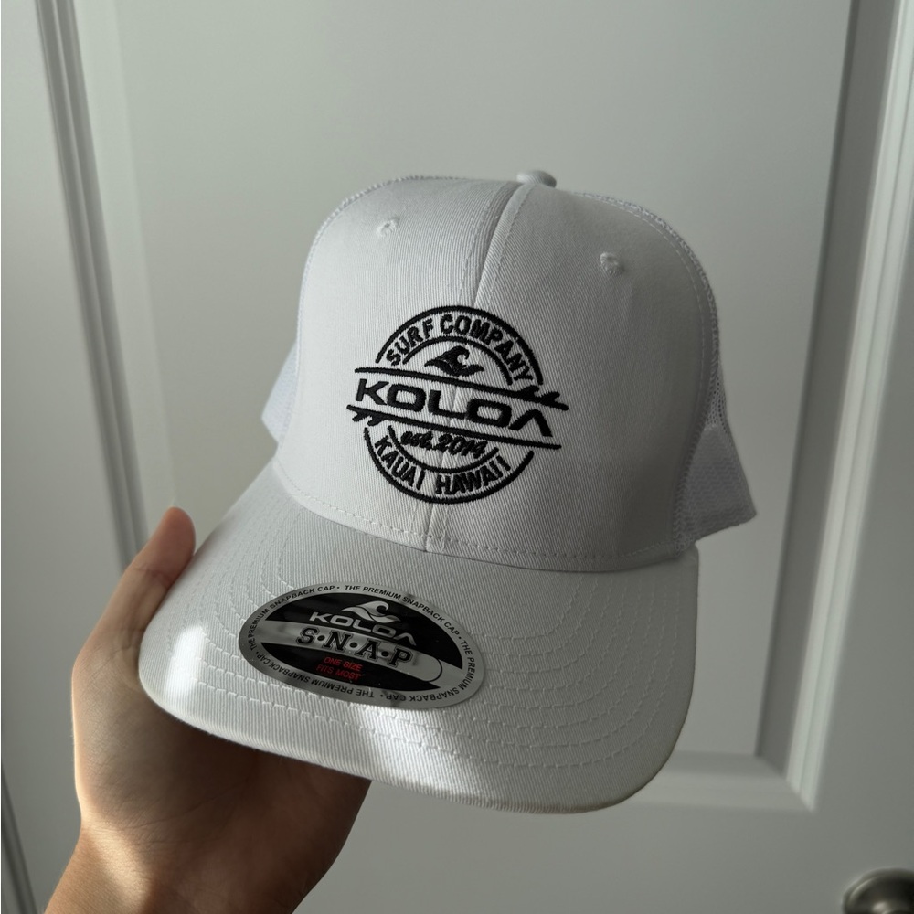 white koloa surfing company trucker hat